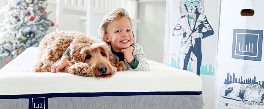 Dog and male child laying on twin sized bed in front of a christmas tree.