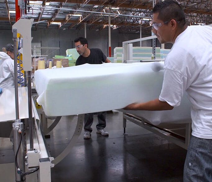 A memory foam lull mattress being manufactured.