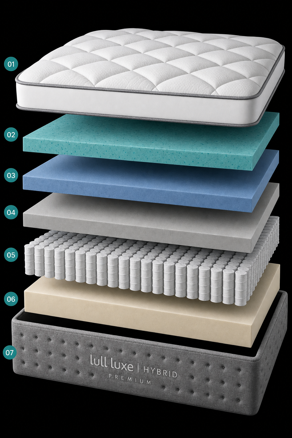 Lull Luxe Premium Hybrid — 7-layer exploded diagram: quilted cover, gel comfort foam, transition foam, contouring foam, foam-encased pocket coils, support foam, base layer