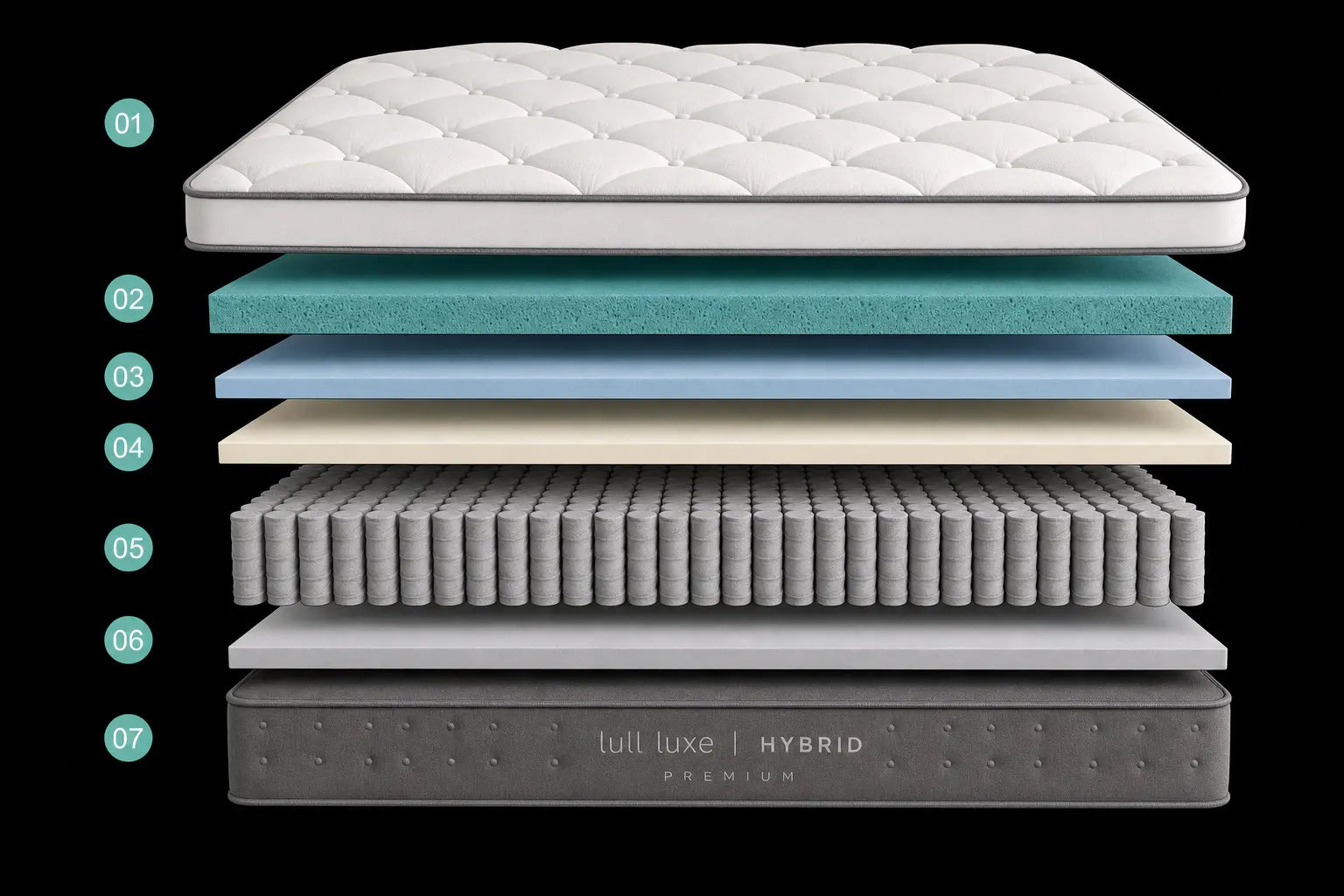 Lull Luxe Premium Hybrid — 7-layer exploded diagram: quilted cover, gel comfort foam, transition foam, contouring foam, foam-encased pocket coils, support foam, base layer