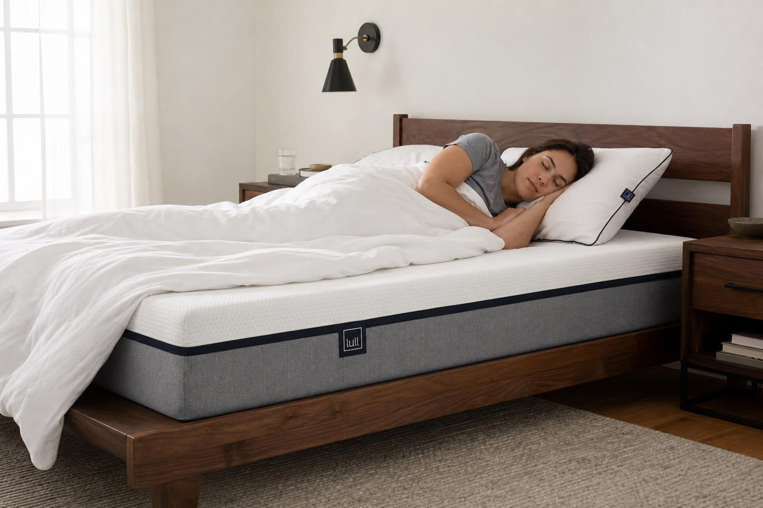 Woman sleeping comfortably on her side on a Lull mattress in a bright, modern bedroom