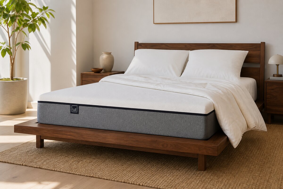 Lull mattress on a wooden platform bed in a warm, minimal bedroom