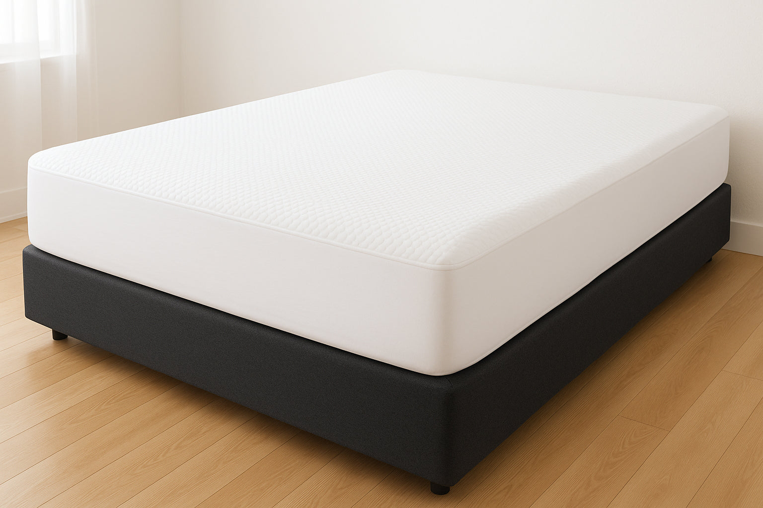 Lull Waterproof Mattress Protector — white fitted cover on a Lull mattress with charcoal foundation